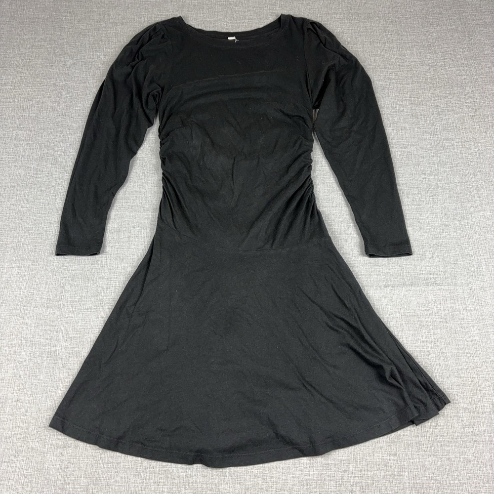Free People Dress Womens Small Black Scoop Neck Long Sleeve Ruched Fit Flare‎